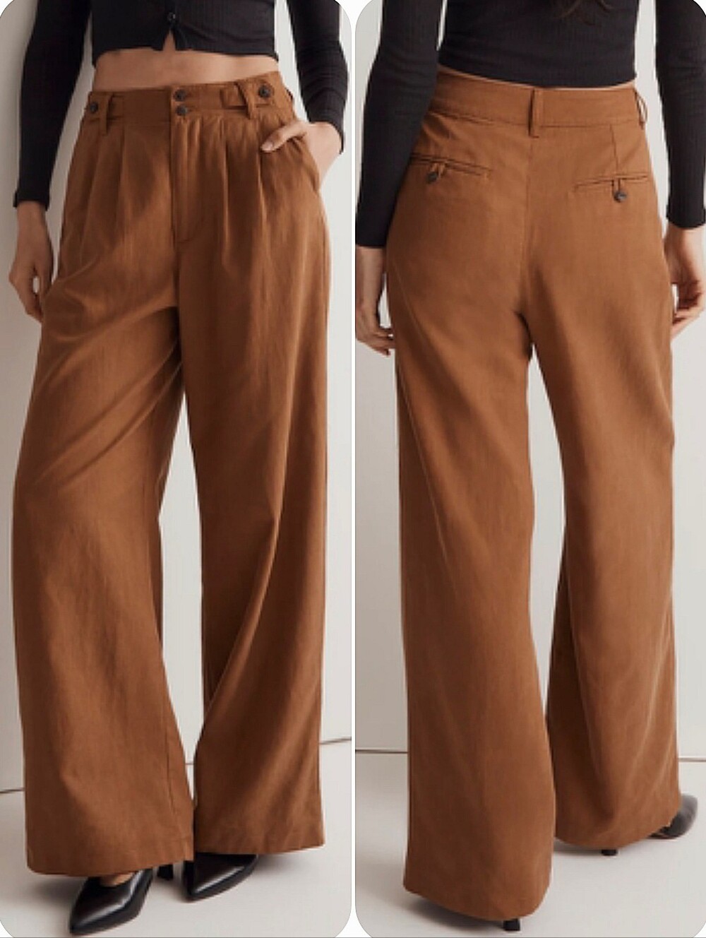 Madewell Harlow Wide Leg linen Blend Pants 6 Pleated Acorn Brown Fall preppy